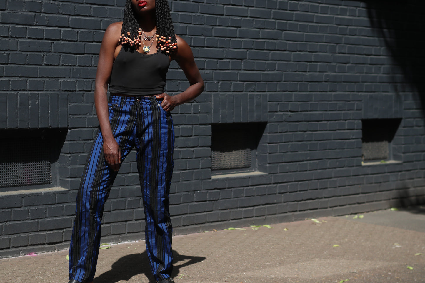 Vintage 80s Blue Striped Pants High Waisted Straight Leg Trousers Size M