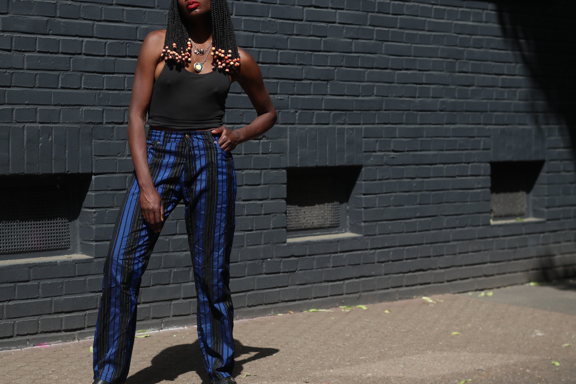 Vintage 80s Blue Striped Pants High Waisted Straight Leg Trousers Size M