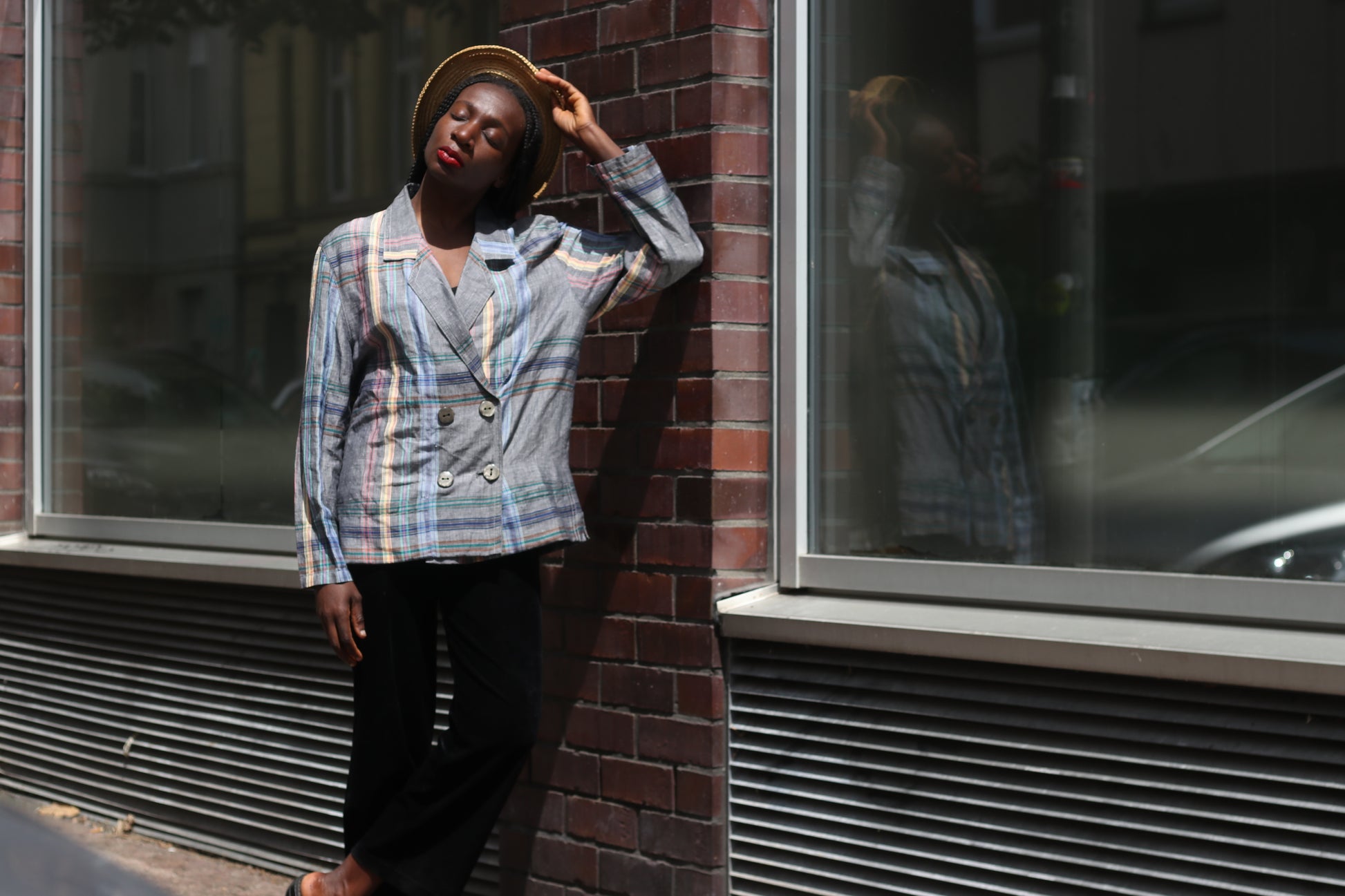 Vintage 80s Plaid Blazer Gray Tartan Check Double Breasted Light Summer Jacket