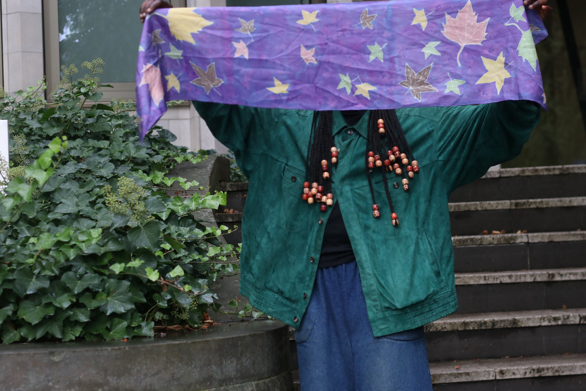 Silk Scarf Vintage 90s Purple Leaf Print | Hand Painted Wrap