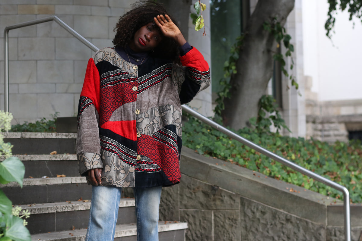 Vintage Patchwork Jacket - Y2K Boho Tapestry Coat Red Black | XXL