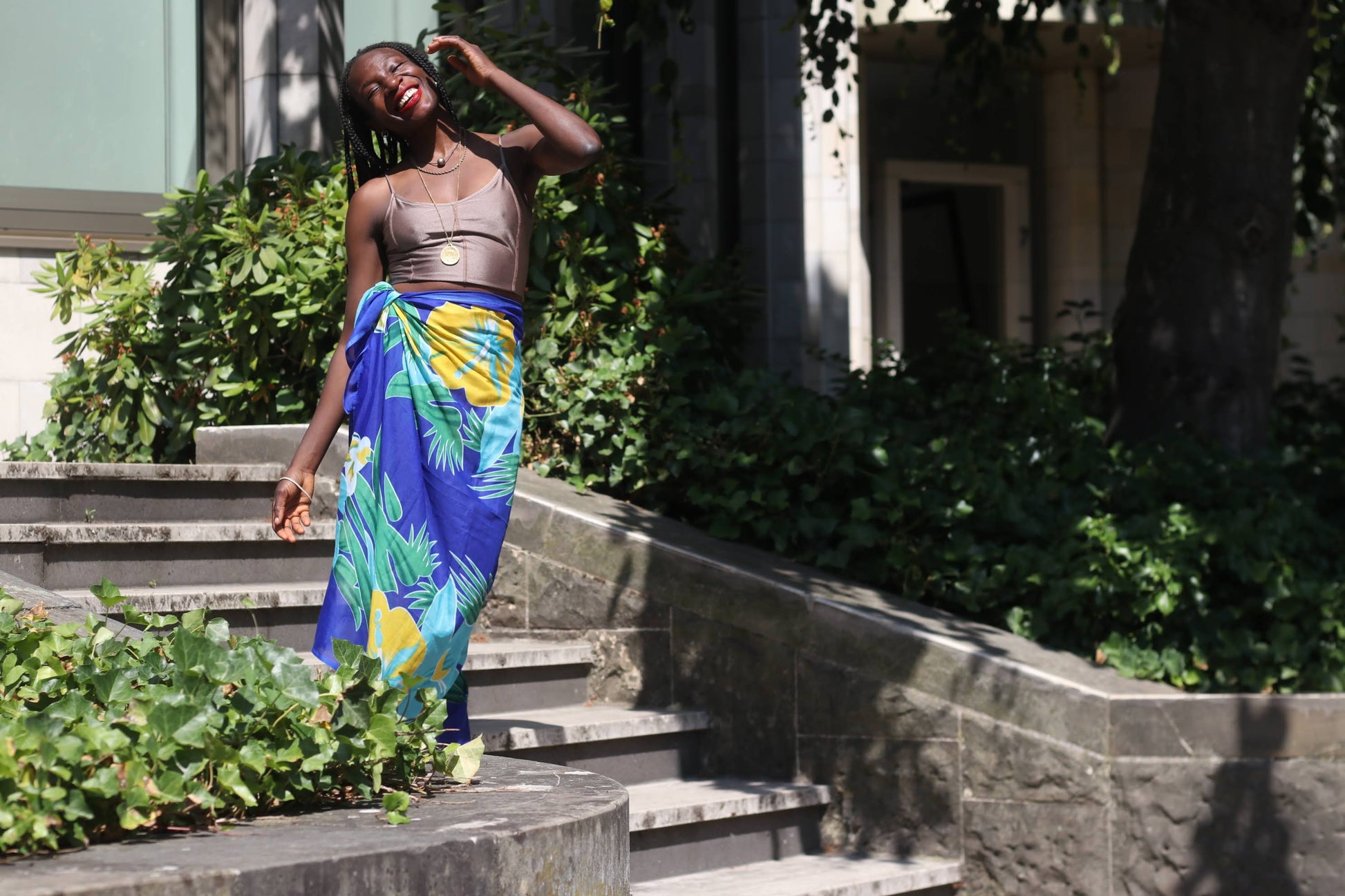 Vintage 1990s Tropical Floral Scarf - Blue Hibiscus Sarong Wrap