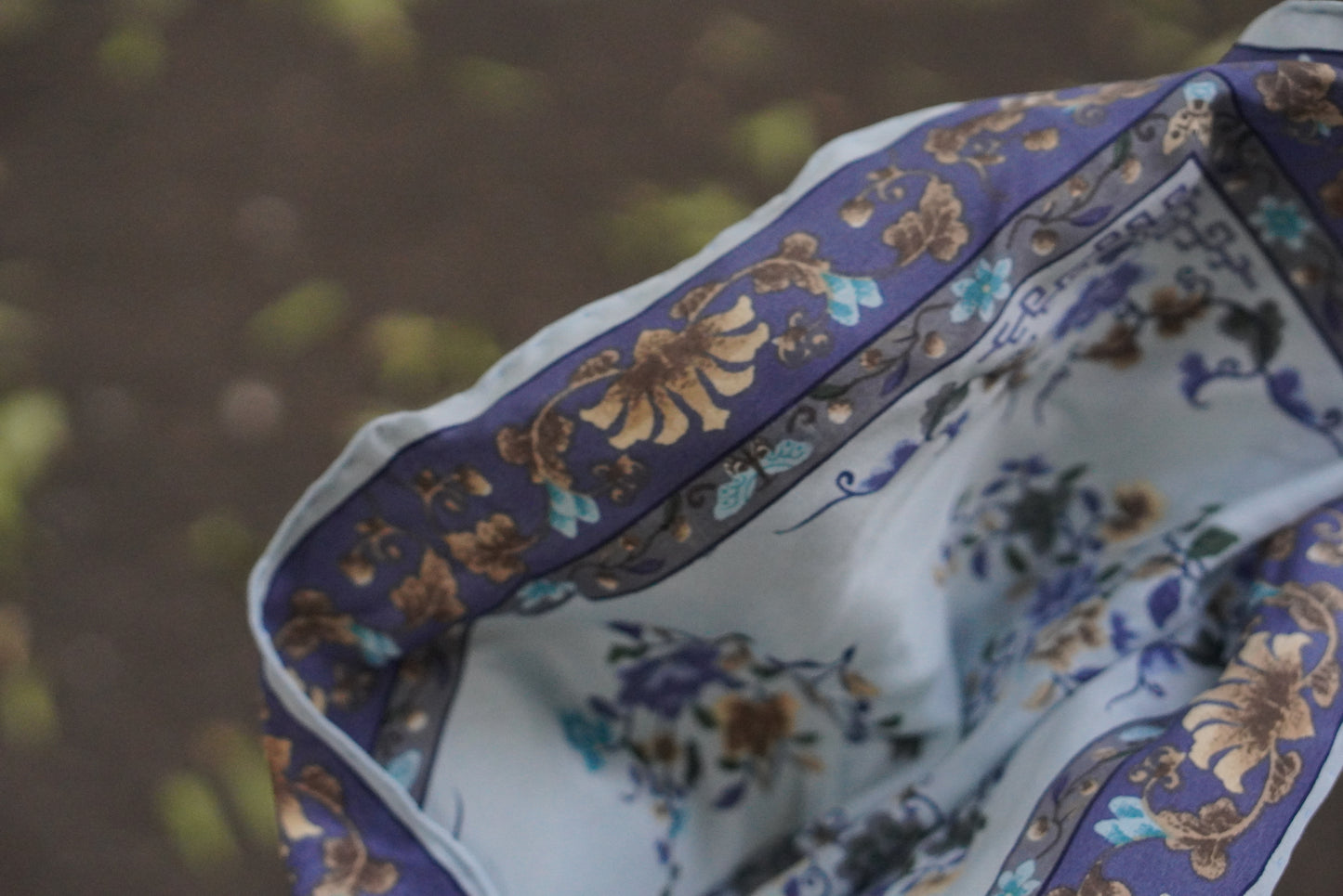Vintage Pure Silk Scarf Blue Floral Neckerchief Italian Silk Bandana Square Head