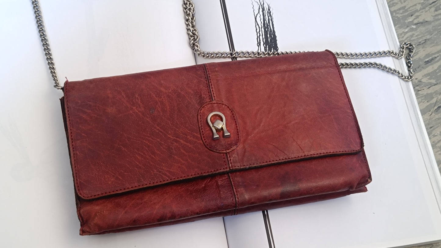 Vintage 1970s Red Leather Chain Shoulder Bag and Clutch
