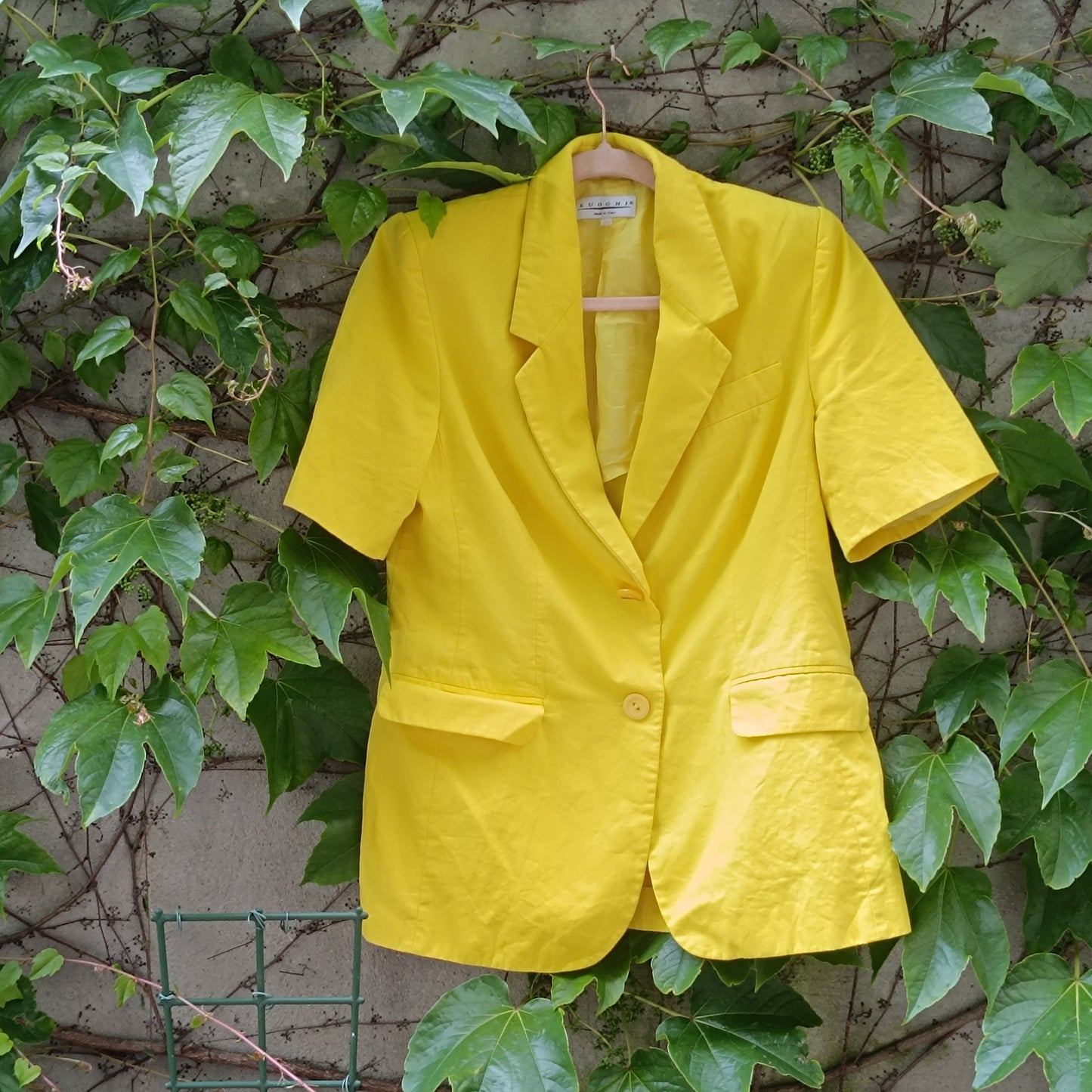 Vintage Luoghi Italy Yellow Cotton Blazer 1980s Short Sleeve Summer Jacket EU 36