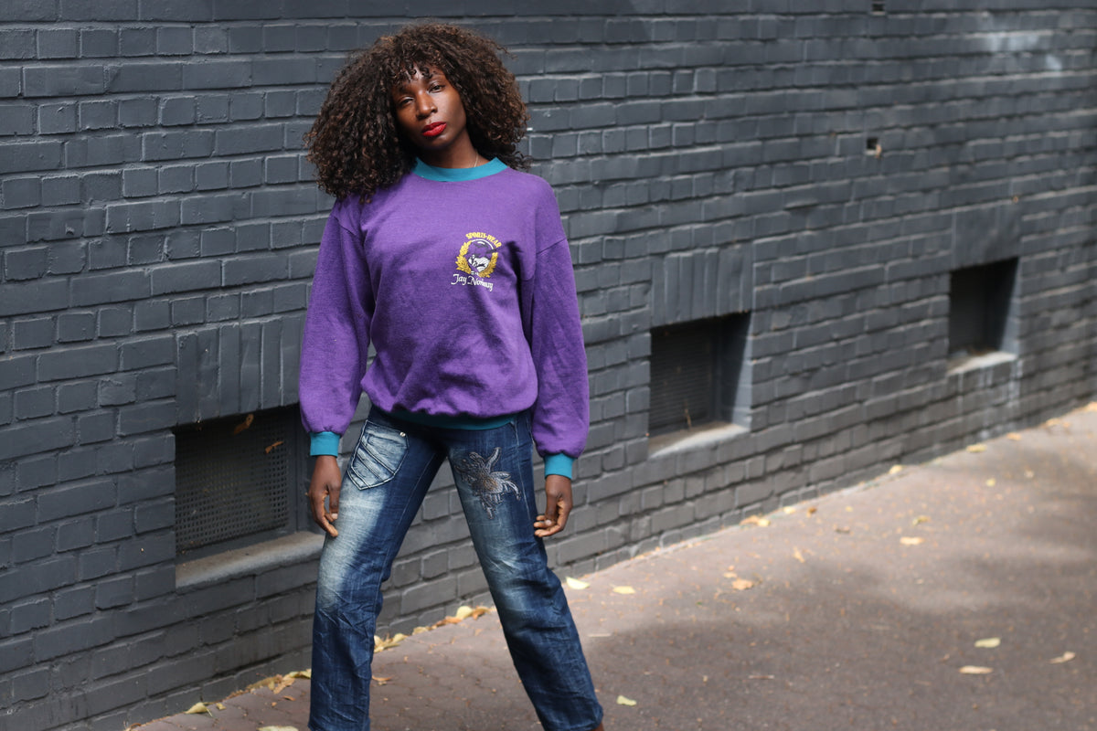 Vintage 80s Purple Sweatshirt Graphic Pullover Teal Trim - Size M