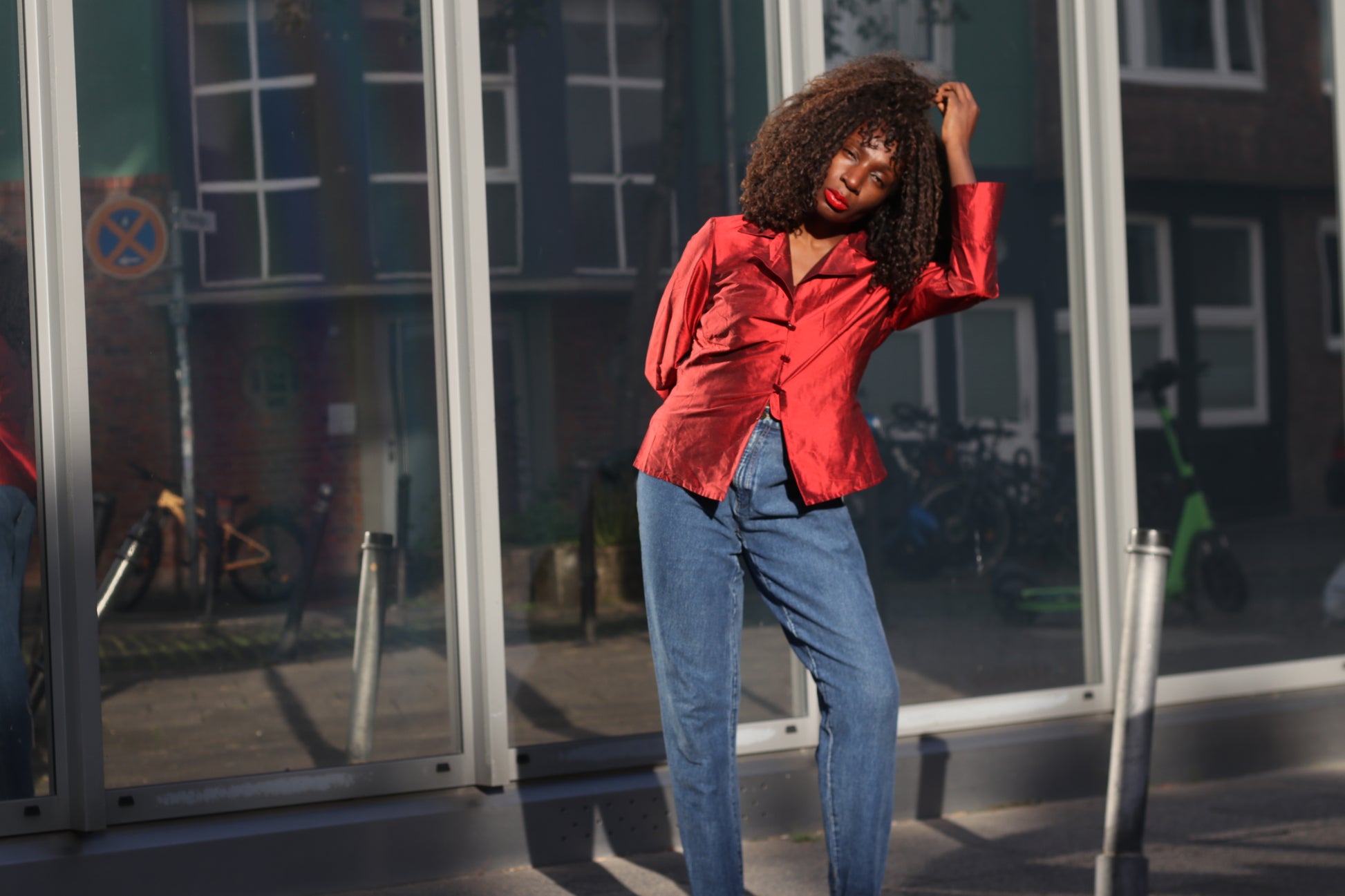 Vintage Metallic Red Silk Blouse | 90s Tailored Long Sleeve Top - XS/S
