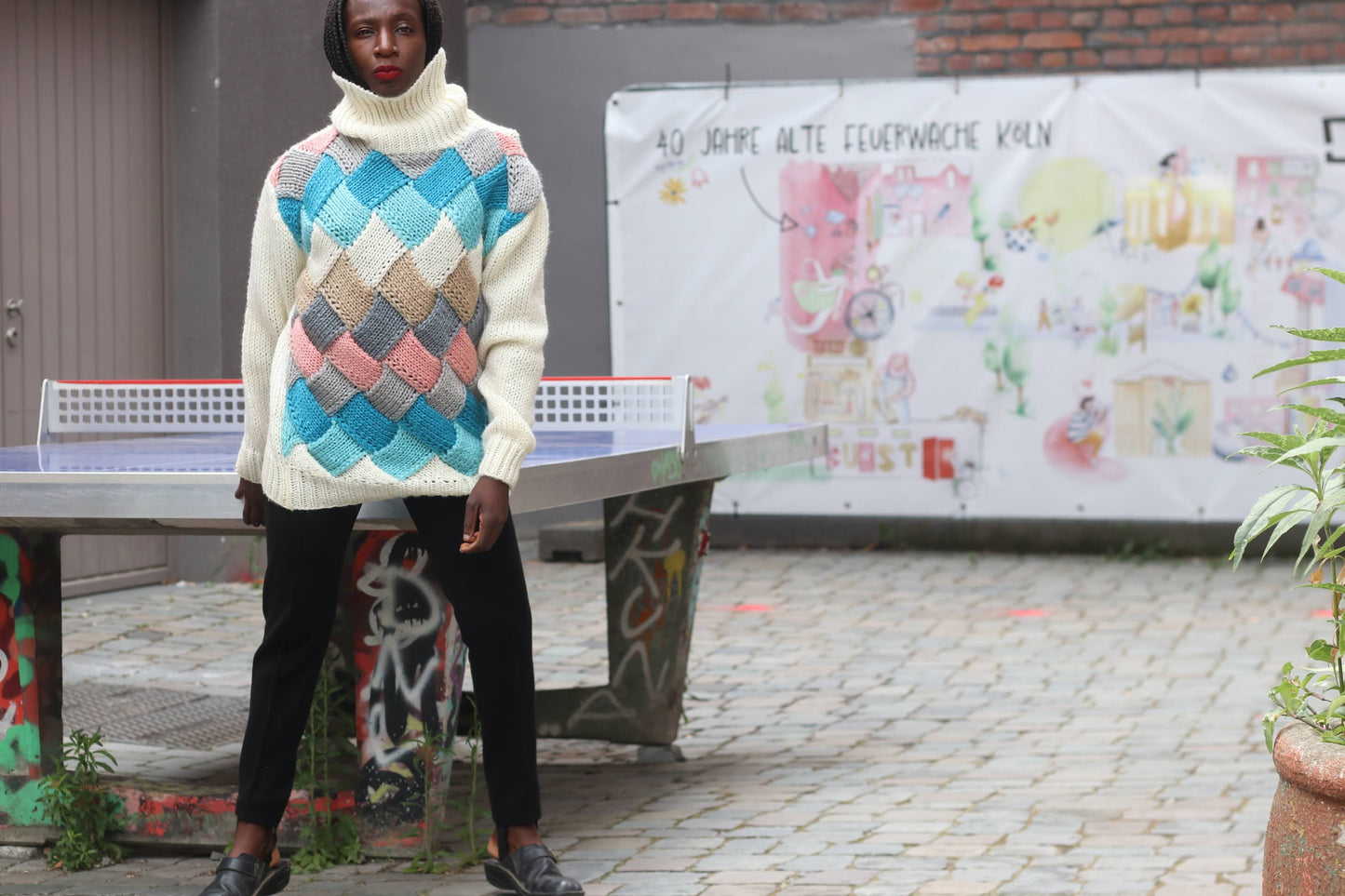 Vintage 80s Geometric Knit Turtleneck Sweater - Oversized Chunky Jumper