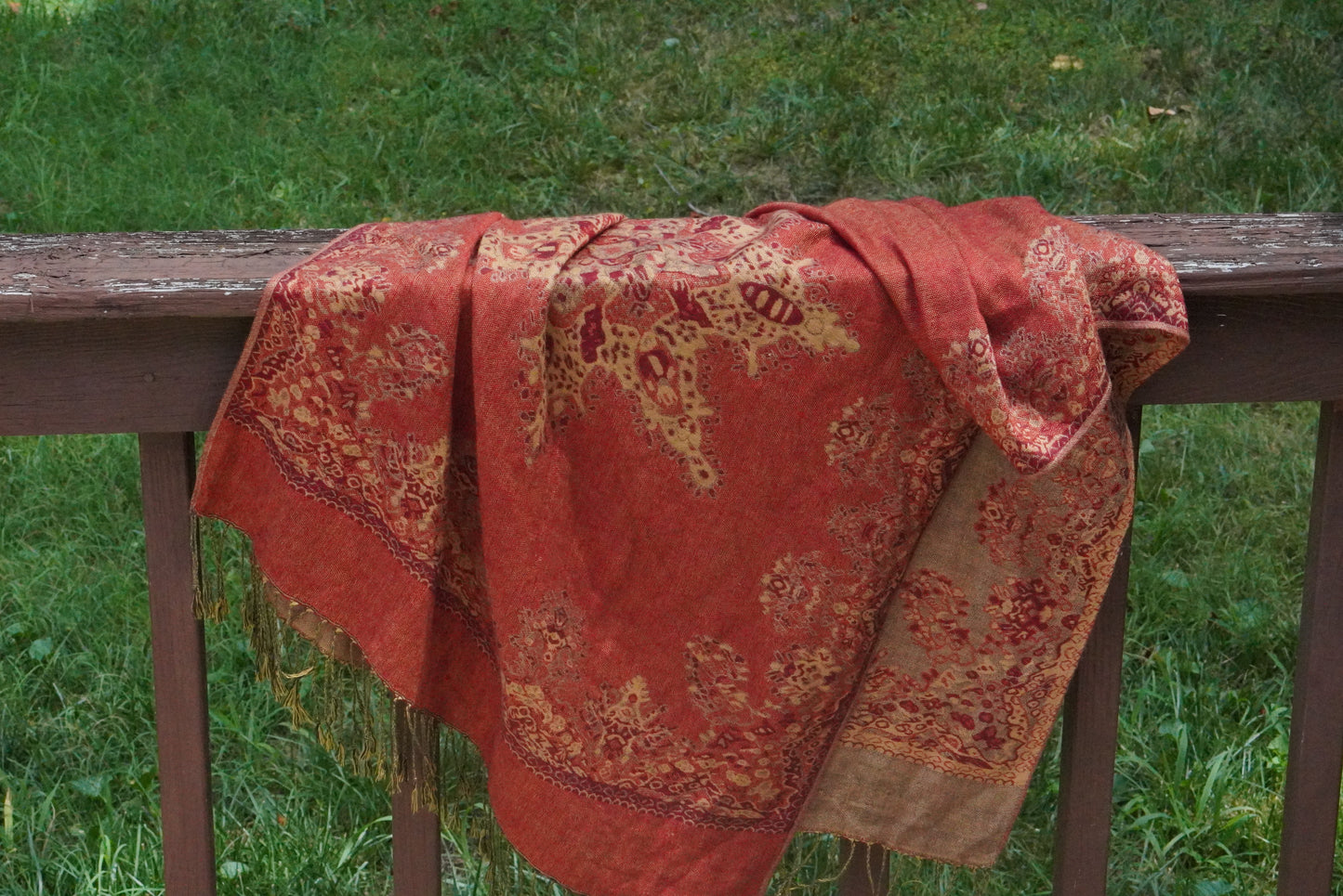 Vintage Paisley Pashmina Scarf | 90s Rust Red Boho Fringe Shawl