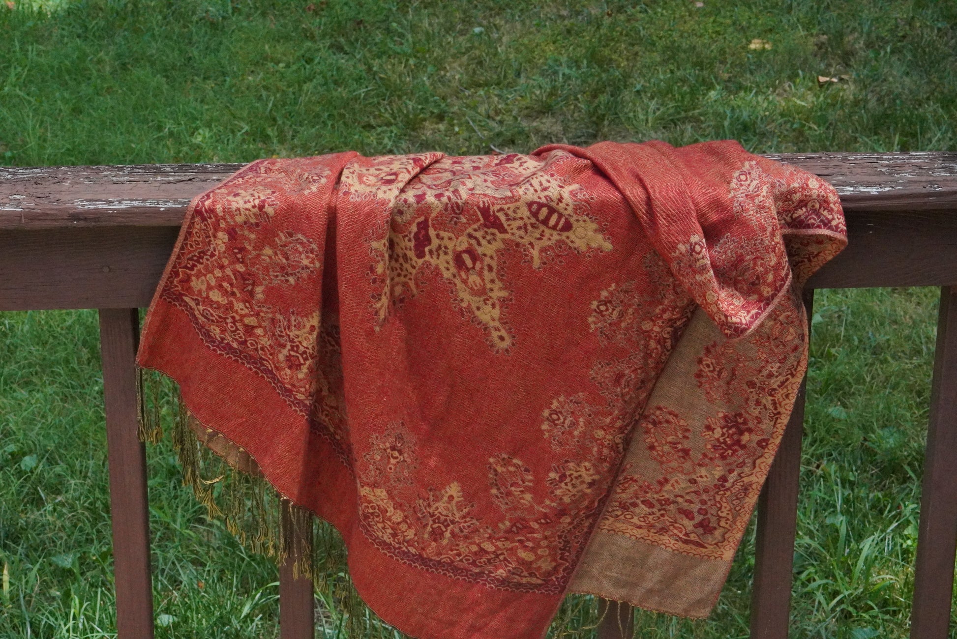 Vintage Paisley Pashmina Scarf | 90s Rust Red Boho Fringe Shawl