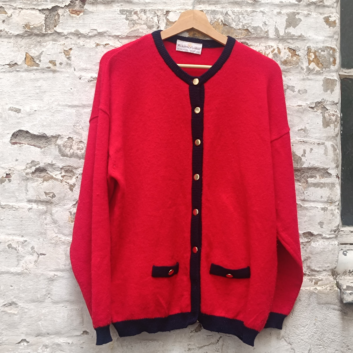 Wool Cardigan Vintage 80s Red Navy | Mackinnon Scotland Knit Sweater | L