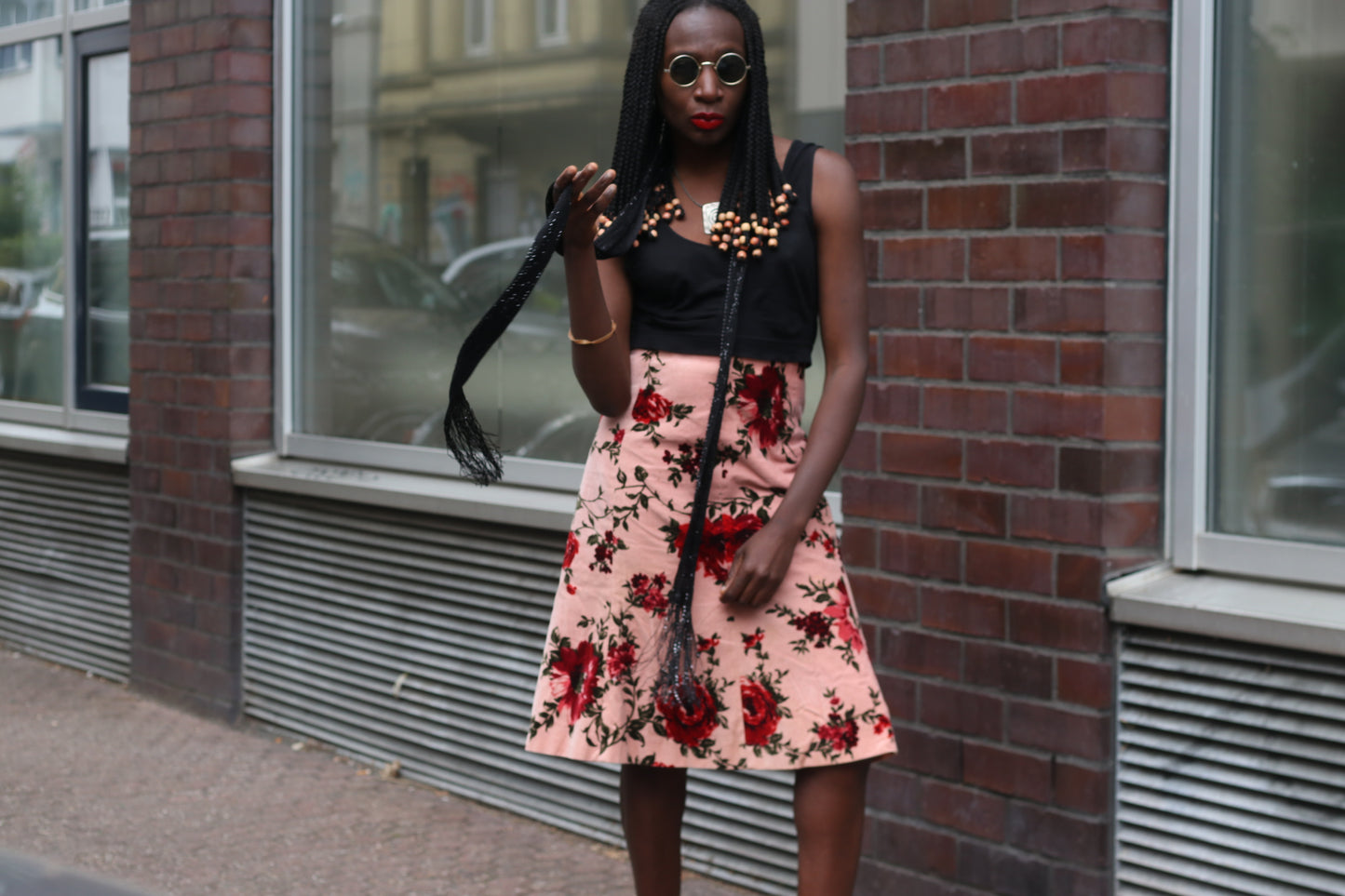 Vintage 90s Velvet Skirt Floral Midi Pink Cotton A-Line Rose Print Italy S