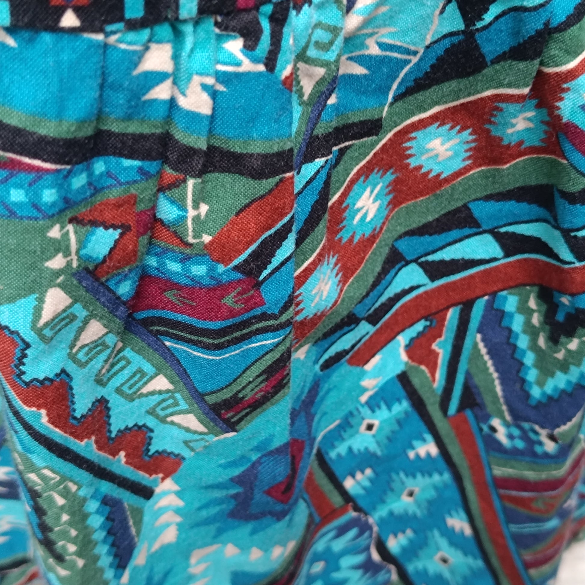 Vintage 80s Aztec Turquoise Maxi Skirt Boho Western Tiered Pattern Festival Skirt