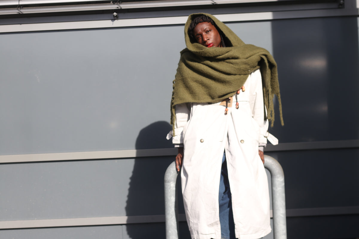 Vintage Olive Green Fringe Scarf | Cozy Winter Knit | Unisex Accessories