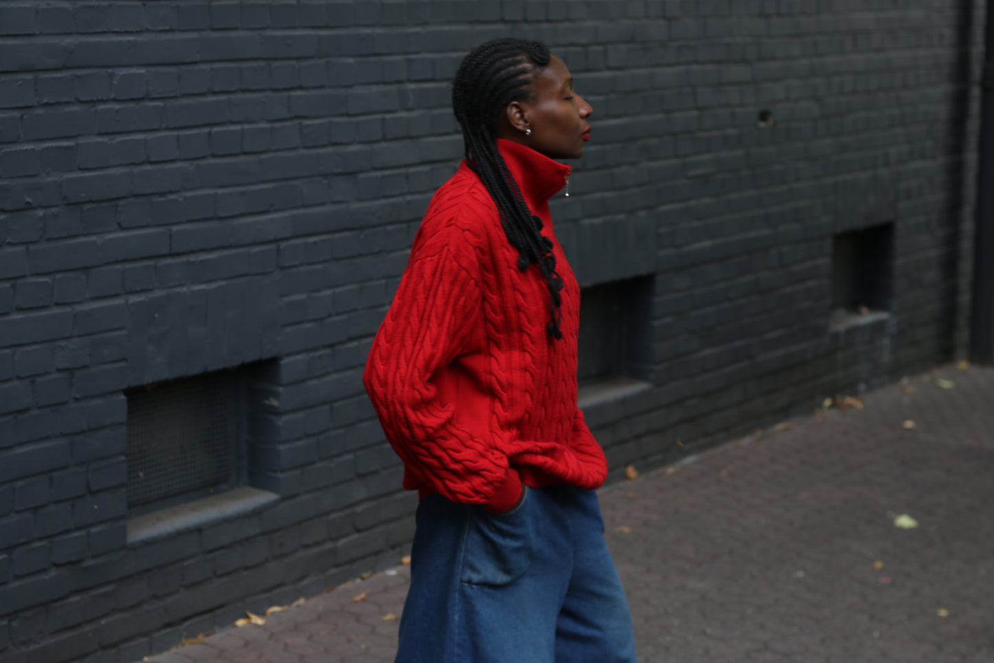 Merino Wool Sweater - Vintage Red Cable Knit Quarter Zip Jumper  L