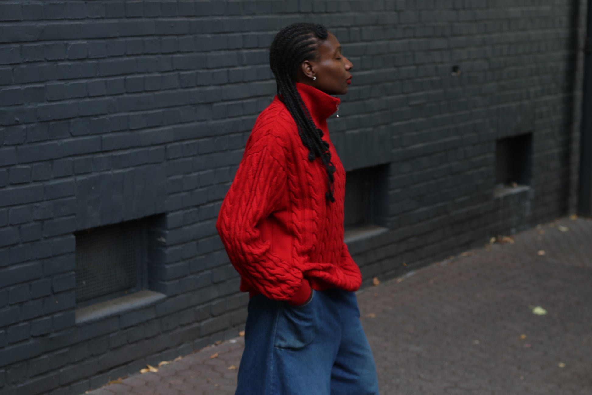 Merino Wool Sweater - Vintage Red Cable Knit Quarter Zip Jumper  L