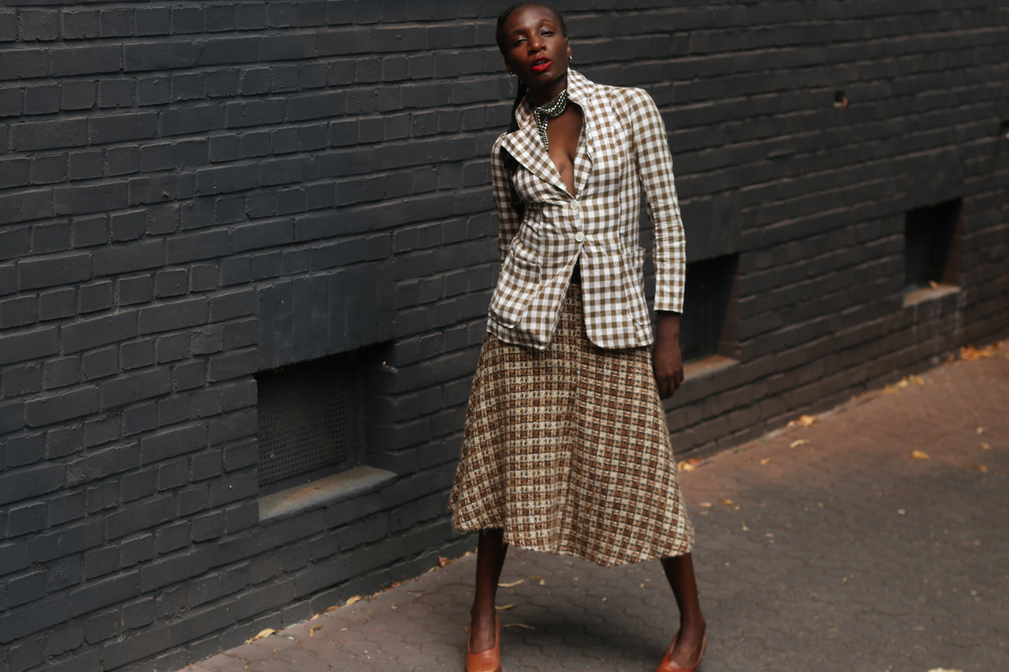 Gingham Blazer Jacket | Vintage French Brown White | Fits XS S