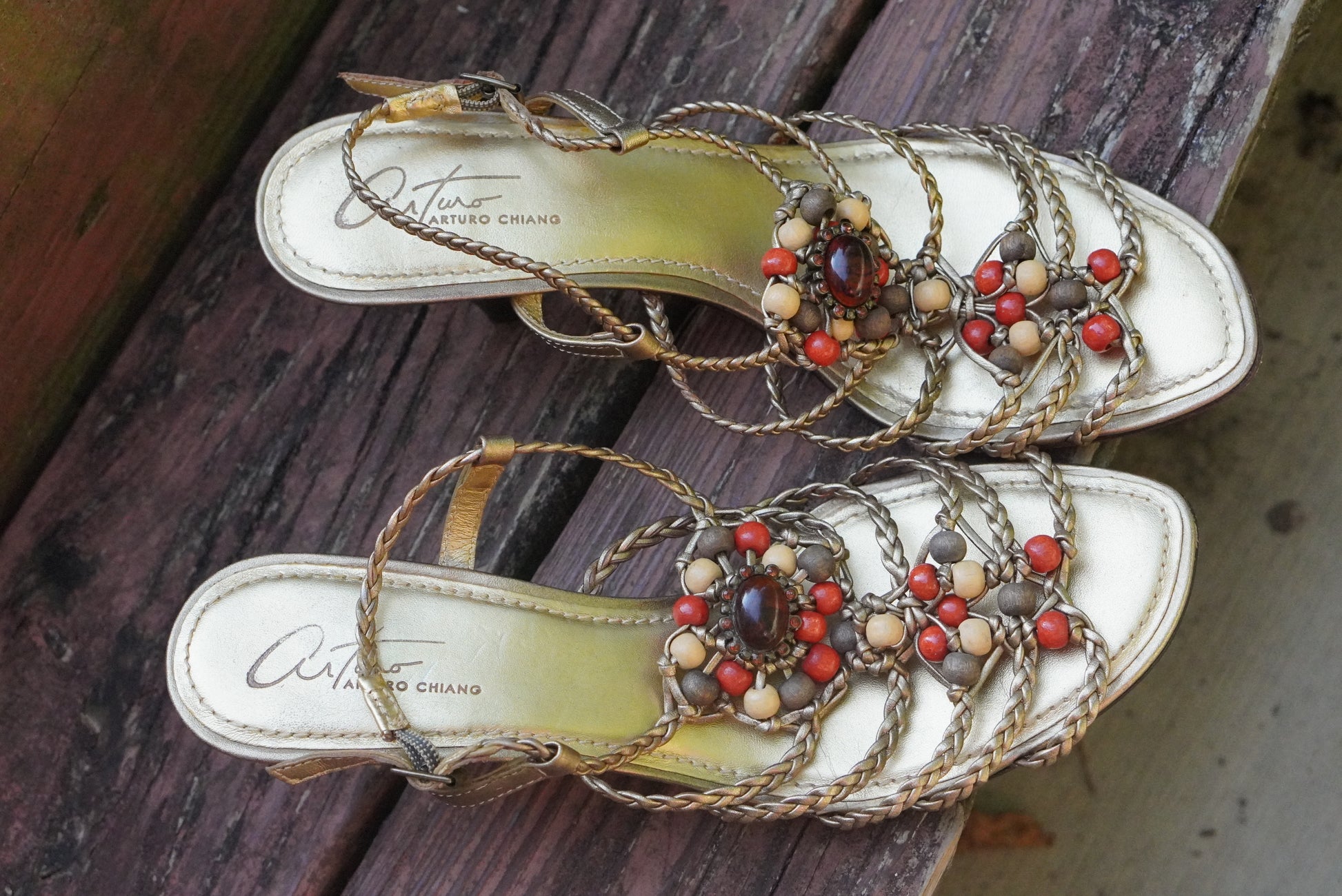 Arturo Chiang Vintage Y2K Gold Leather Beaded Heeled Sandals - Size US 7.5