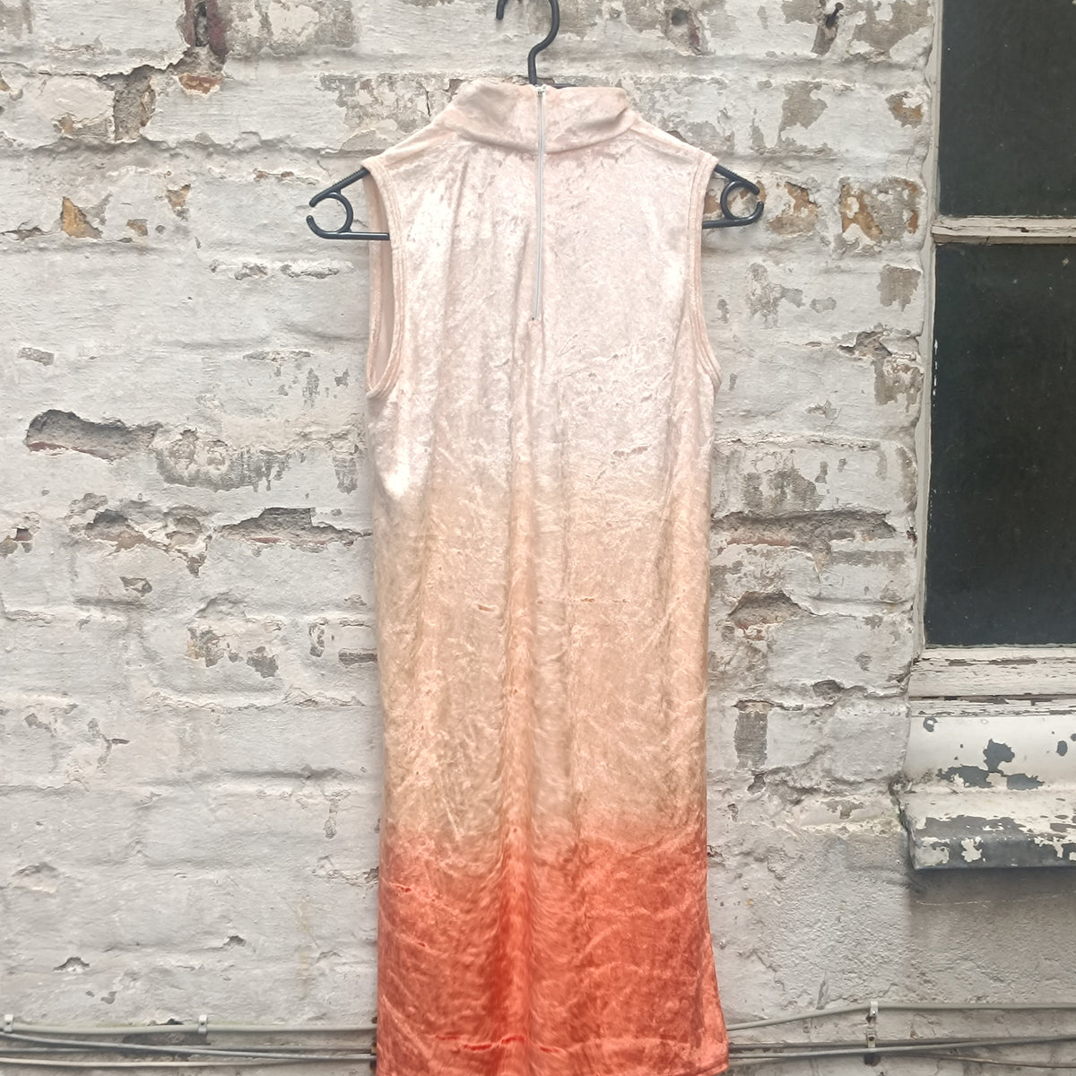 Vintage Ombre Velvet Mini Dress - 90s Peach Mock Neck Shift XS S