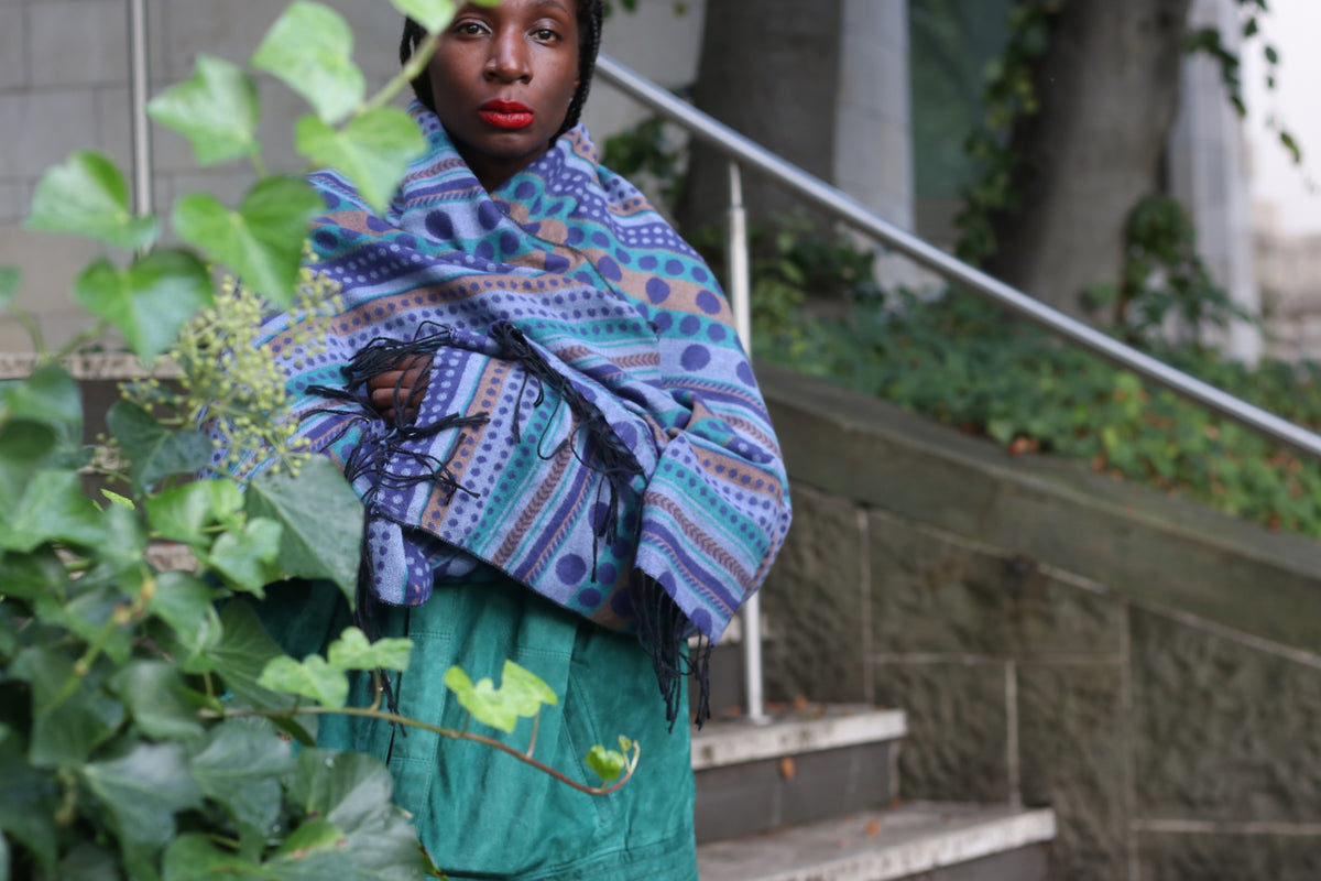 Vintage Fringe Scarf | 80s Patterned Acrylic Shawl - Blue Green One Size