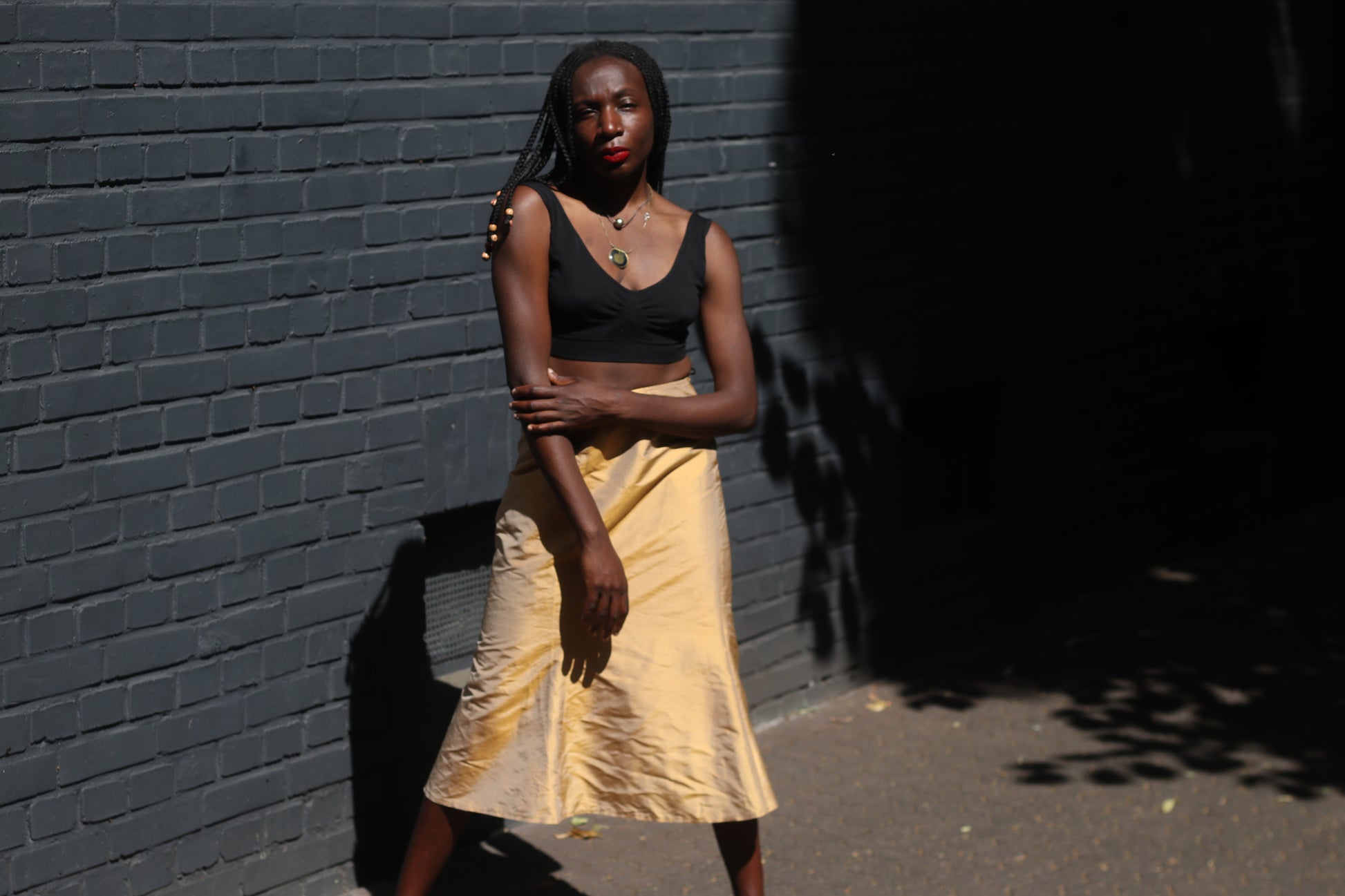 By Marja Vintage 90s Gold Silk Midi Skirt S Minimalist Metallic Shimmer Flare
