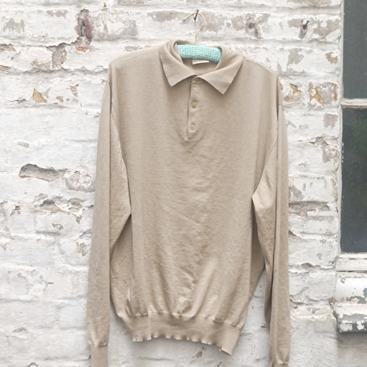 Vintage Beige Knit Polo Sweater | 90s Minimalist Wool Silk Cashmere | XL