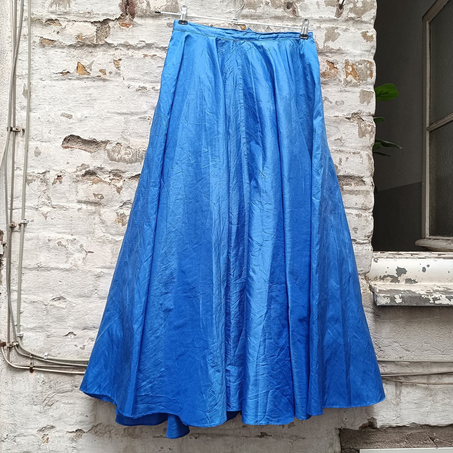 Vintage Blue Silk Maxi Skirt | 80s High Waist Pleated Party Skirt XS