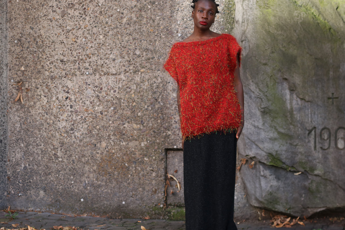 Knit Top - 90s Vintage Red Eyelash Vest - Sleeveless Sweater M