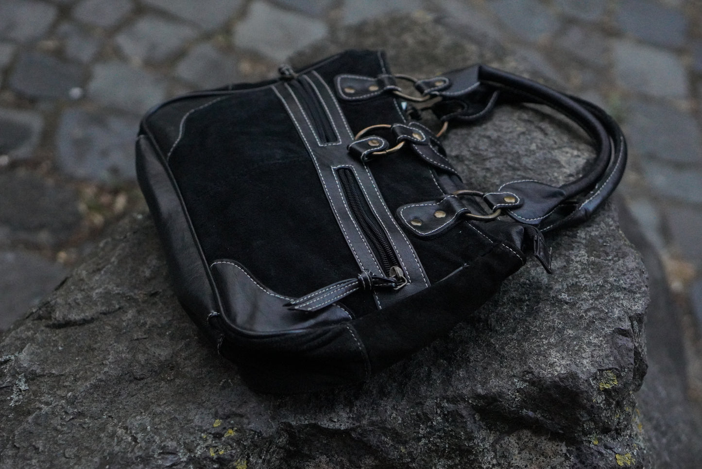 Damart Vintage 90s Black Suede Handbag - Retro Y2K Shoulder Bag
