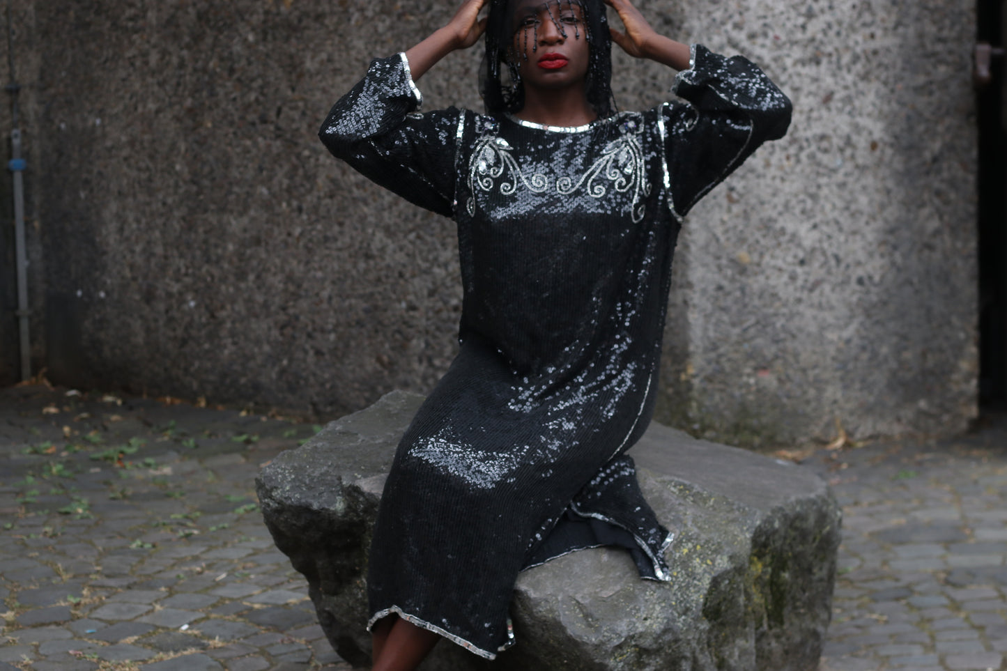  Vintage 1980s Silk Sequin Dress - Made in India Beaded Evening Midi