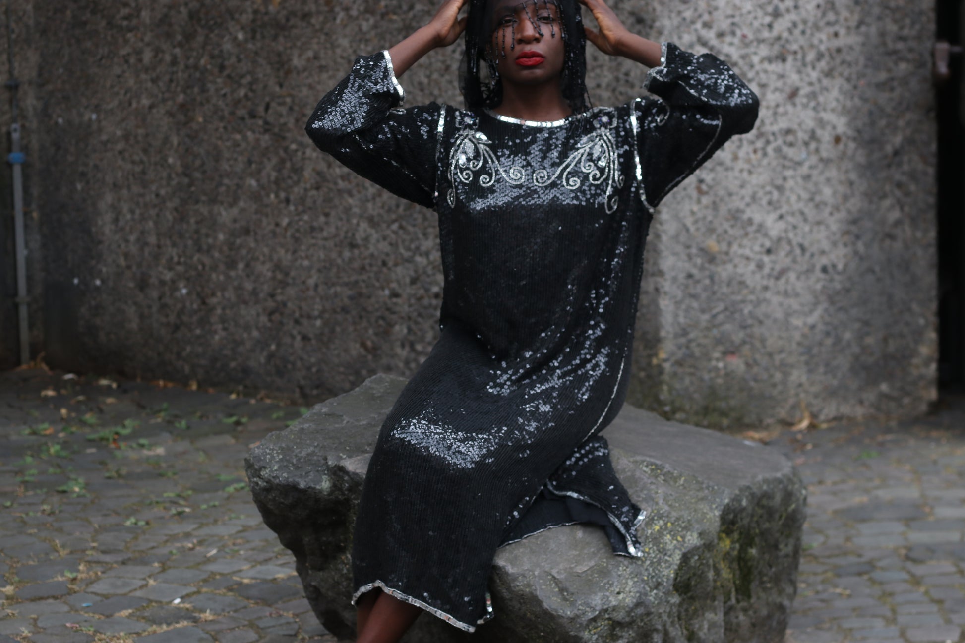  Vintage 1980s Silk Sequin Dress - Made in India Beaded Evening Midi