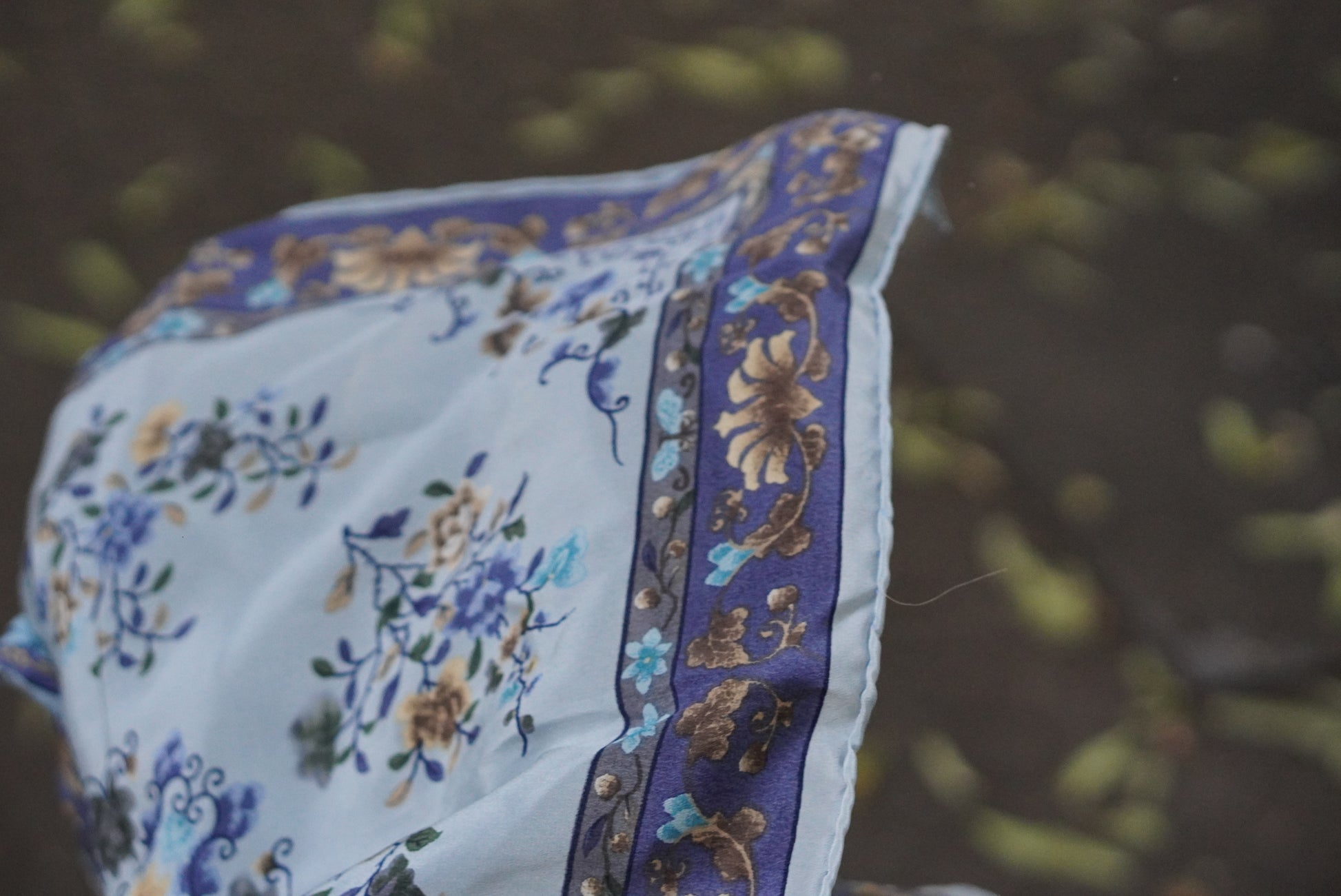 Vintage Pure Silk Scarf Blue Floral Neckerchief Italian Silk Bandana Square Head