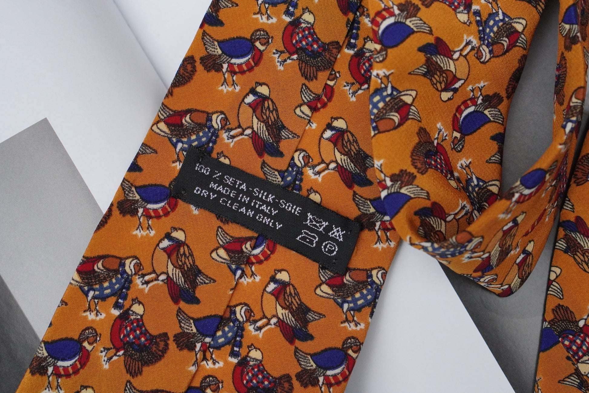 Vintage Mustard Yellow Silk Tie Italian Novelty Bird Print 1990s Mens Necktie