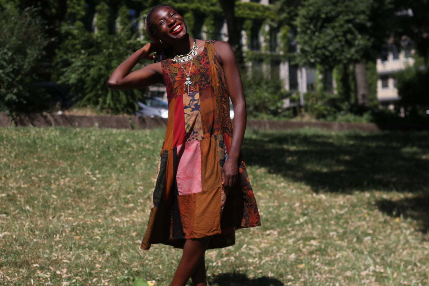 Vintage 90s Patchwork Dress Boho Earthy Midi Grunge Hippie Sleeveless Sundress