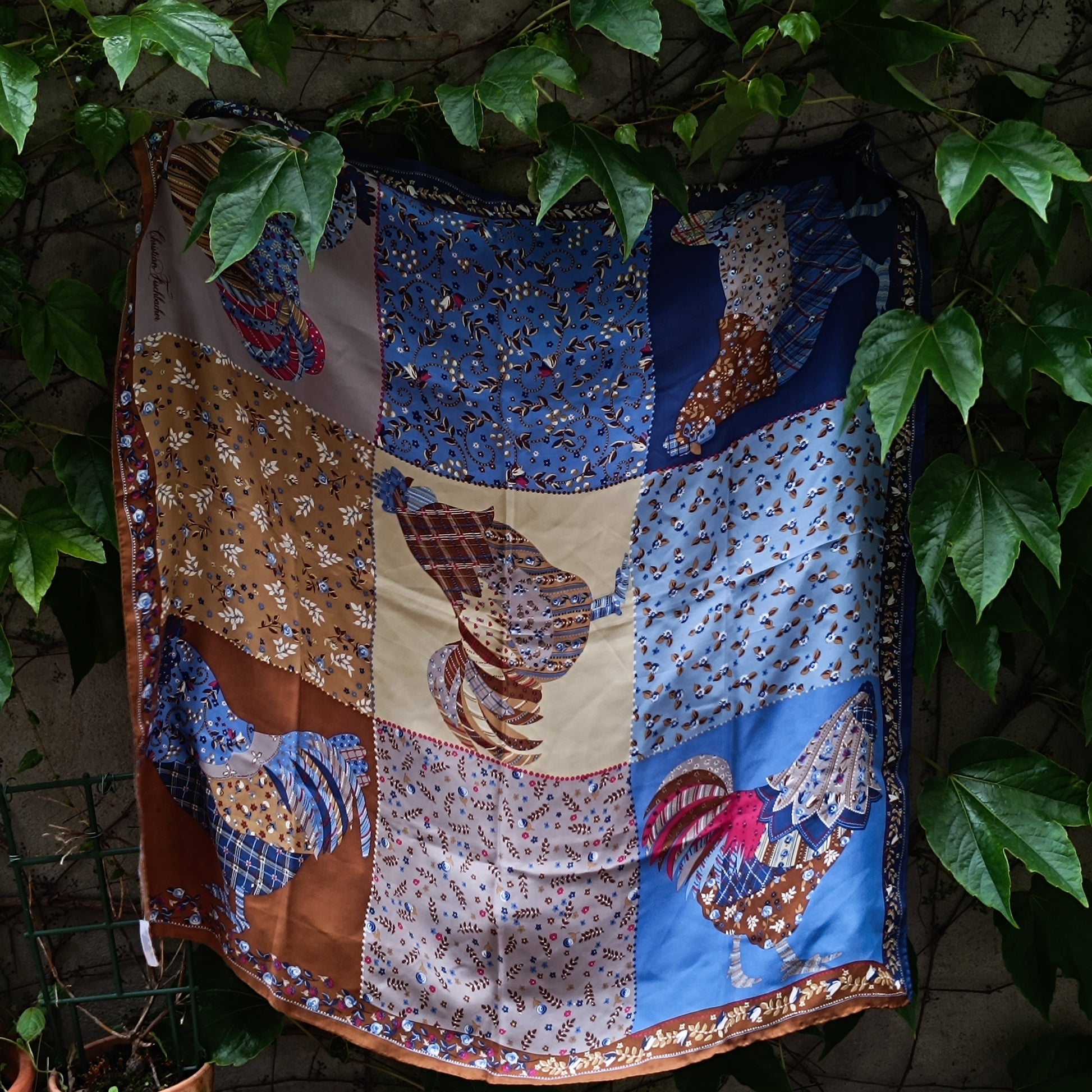 Vintage Christian Fischbacher Silk Scarf Handprinted Rooster Folk Art Shawl