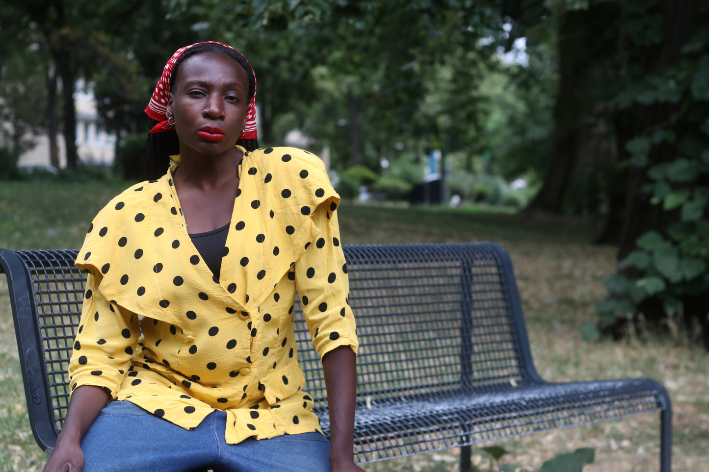 Vintage 1980s Polka Dot Blouse Yellow Black Statement Collar Avant Garde Shirt