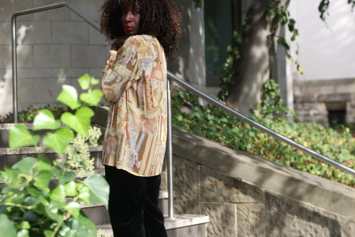 Vintage Silk Blend Blouse | 90s Sepia Antique Print Gold Shirt S/M