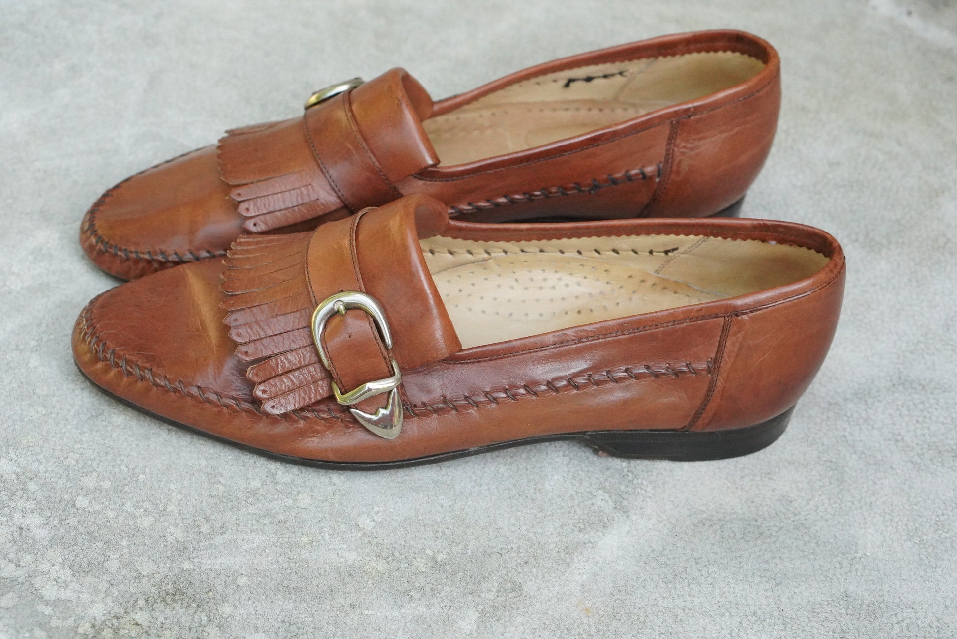 Maraolo Vintage Italian Leather Loafers - Brown Kiltie Fringed Buckle Shoes