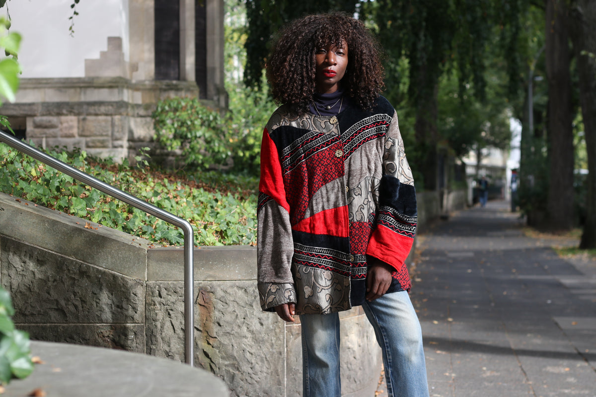 Vintage Patchwork Jacket - Y2K Boho Tapestry Coat Red Black | XXL