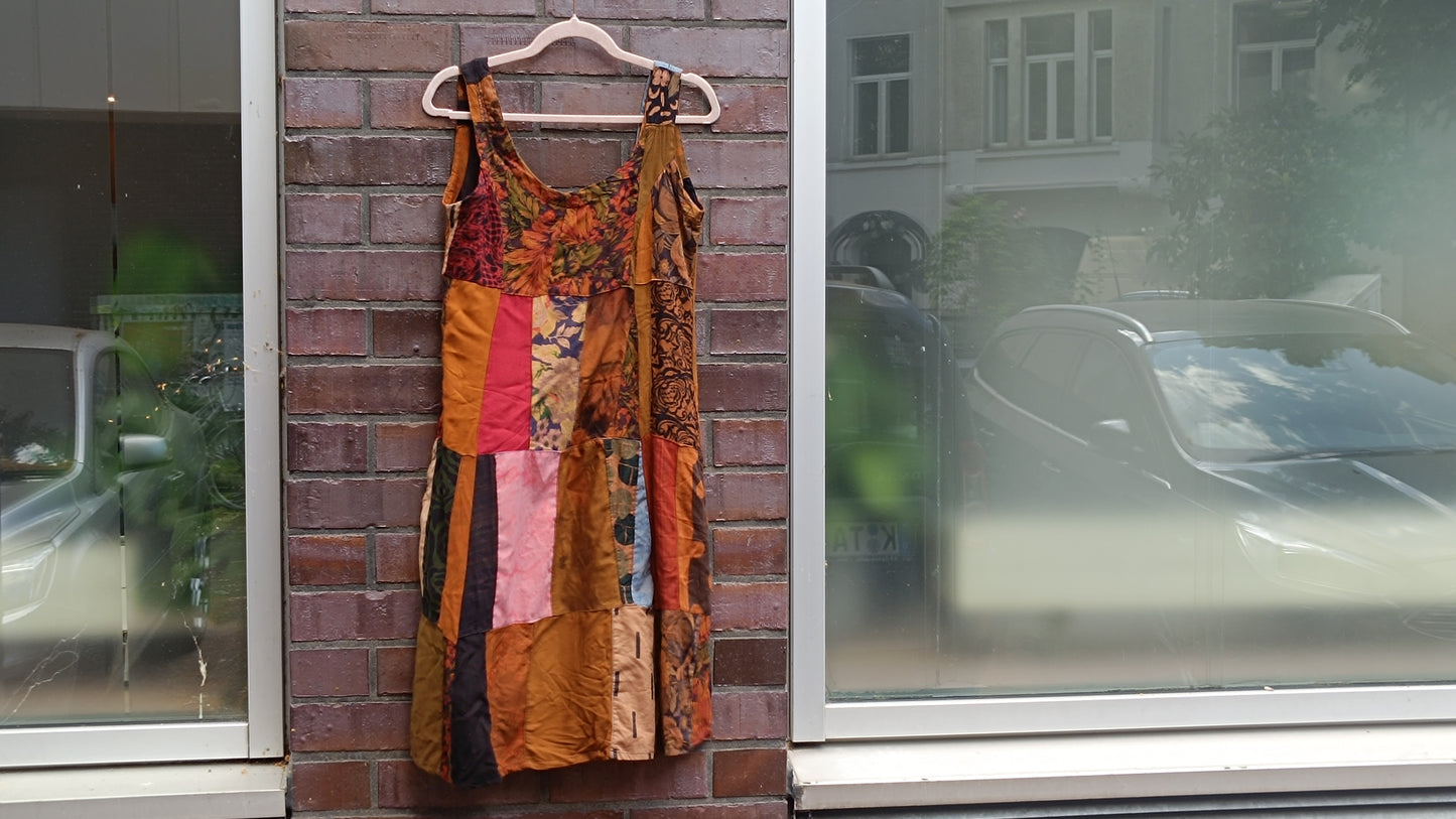 Vintage 90s Patchwork Dress Boho Earthy Midi Grunge Hippie Sleeveless Sundress
