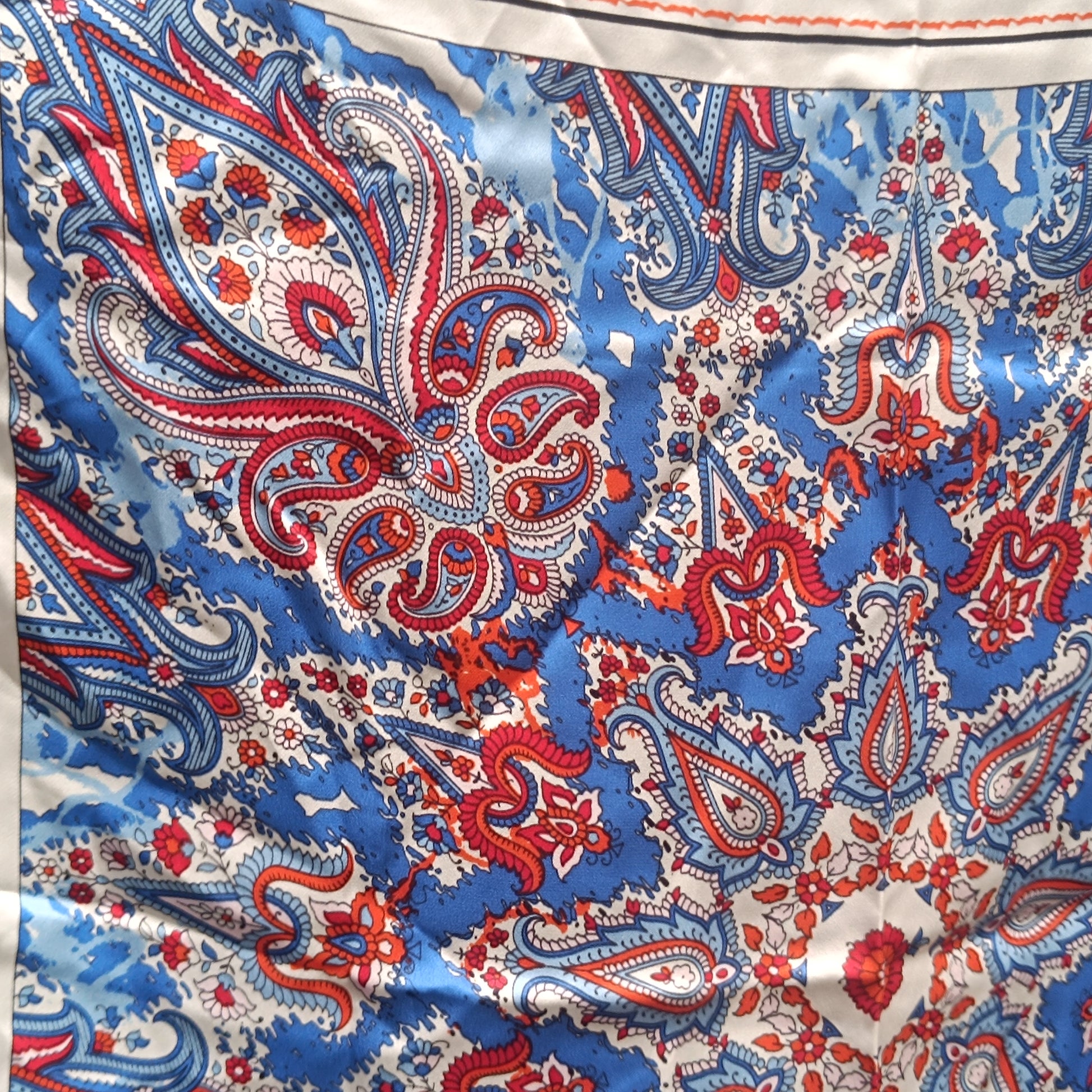 Blue Motion Vintage Silk Scarf Blue Paisley Polka Dot 1990s Square Neck Neckerchief