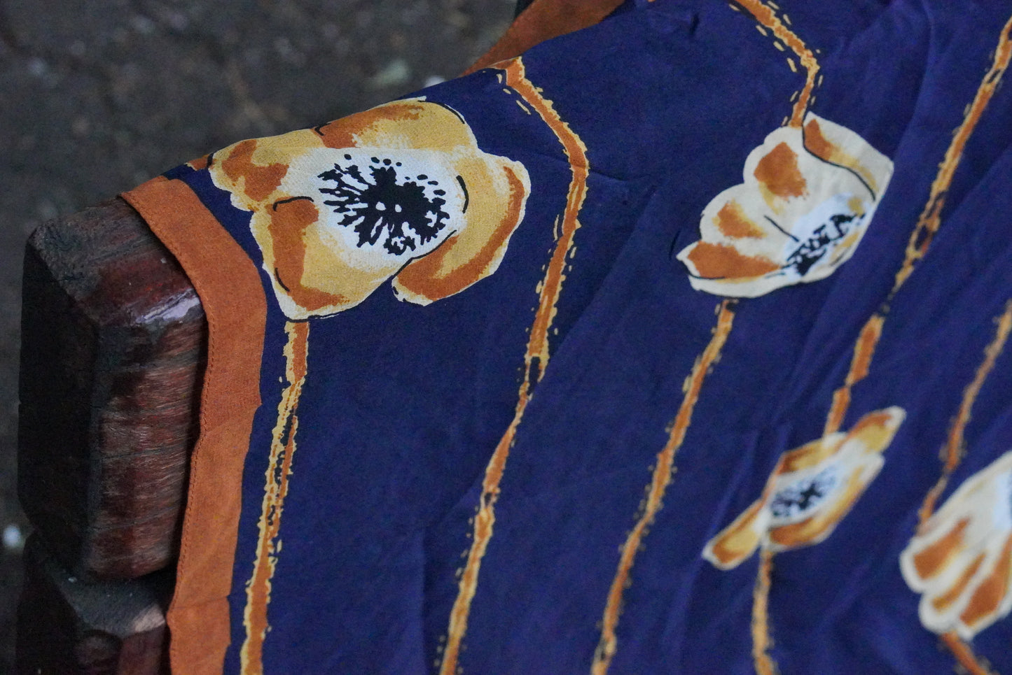 Vintage C&A 90s Navy Blue & Gold Floral Square Silk Scarf