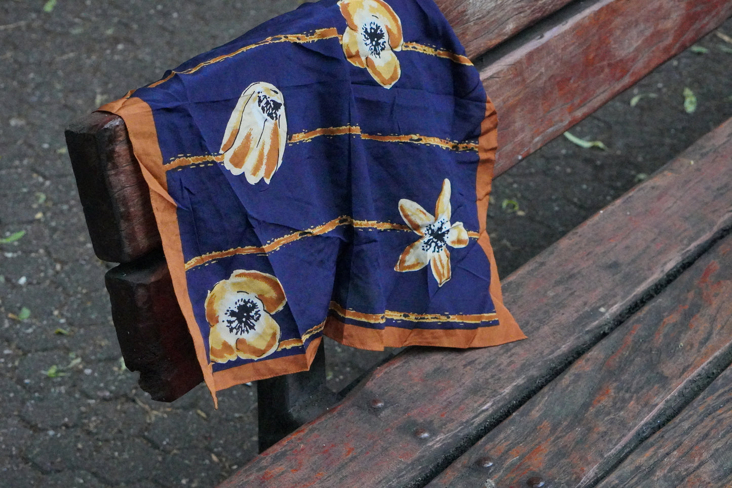 Vintage C&A 90s Navy Blue & Gold Floral Square Silk Scarf