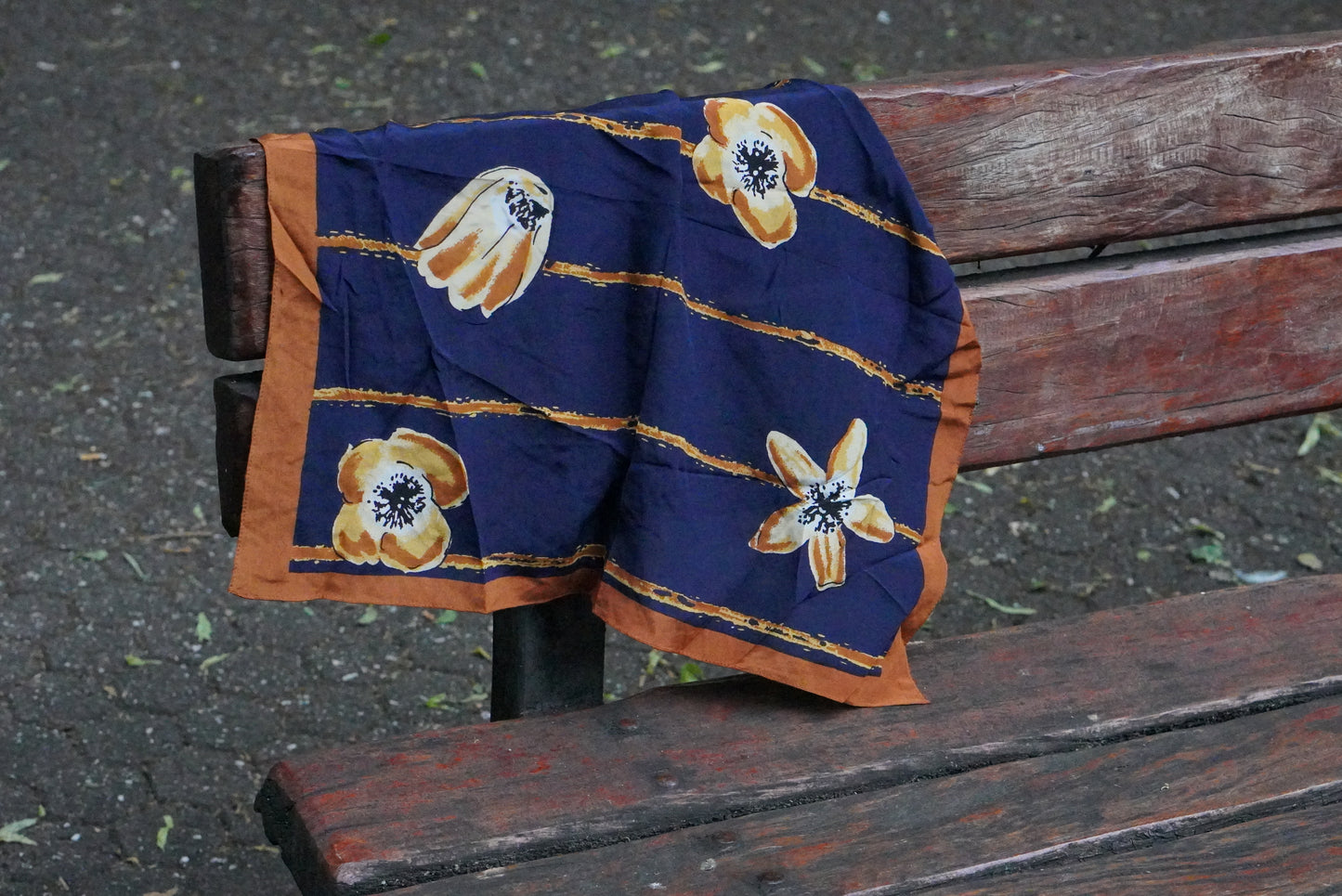 Vintage C&A 90s Navy Blue & Gold Floral Square Silk Scarf