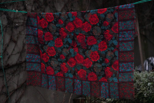 The Heritage Bloom: Vintage Glentex Rose Scarf in Teal & Red
