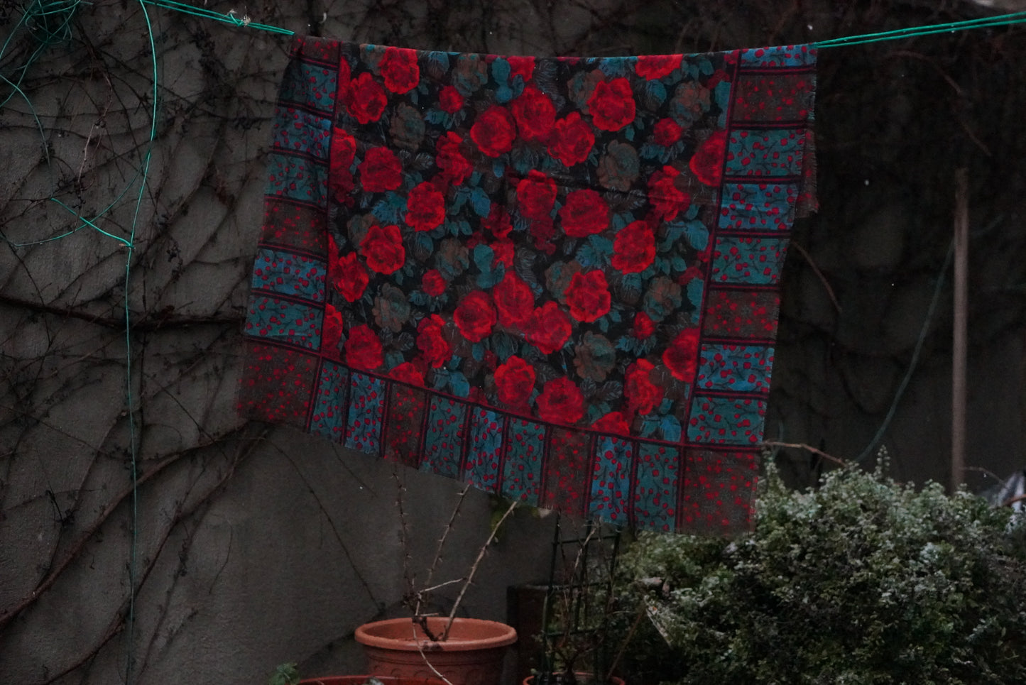 The Heritage Bloom: Vintage Glentex Rose Scarf in Teal & Red