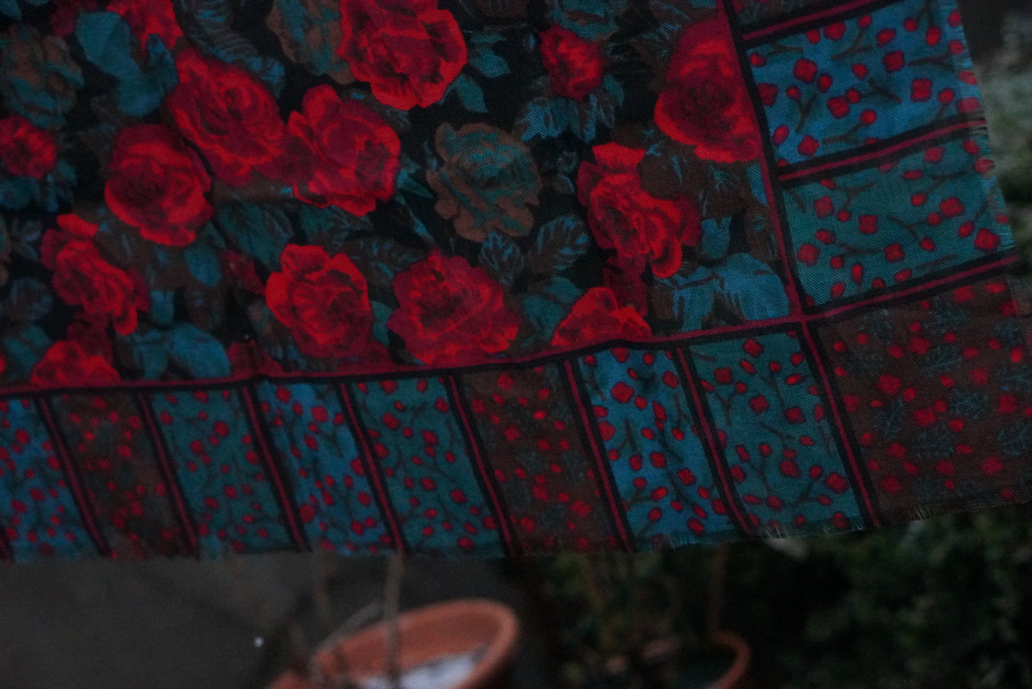 The Heritage Bloom: Vintage Glentex Rose Scarf in Teal & Red