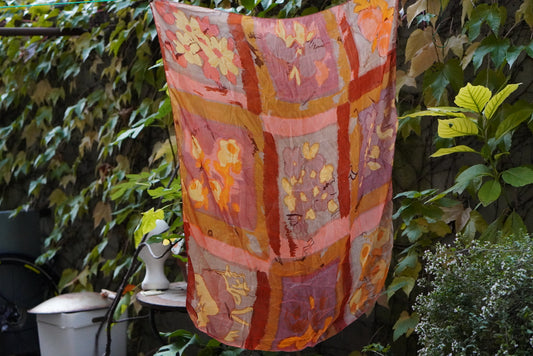 Vintage Floral Silk Scarf - Hand Painted Style Square Wrap - Terracotta & Gold