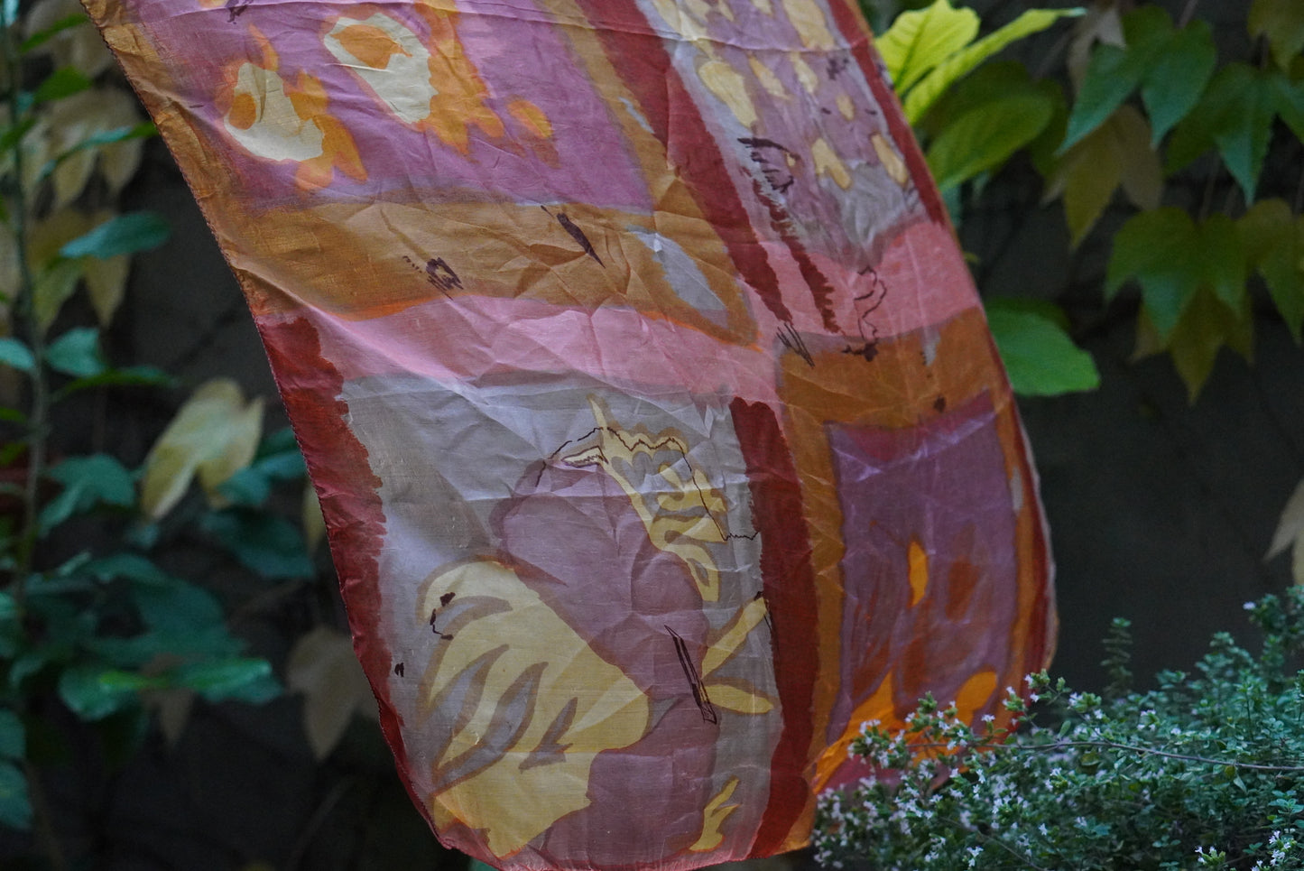 Vintage Floral Silk Scarf - Hand Painted Style Square Wrap - Terracotta & Gold