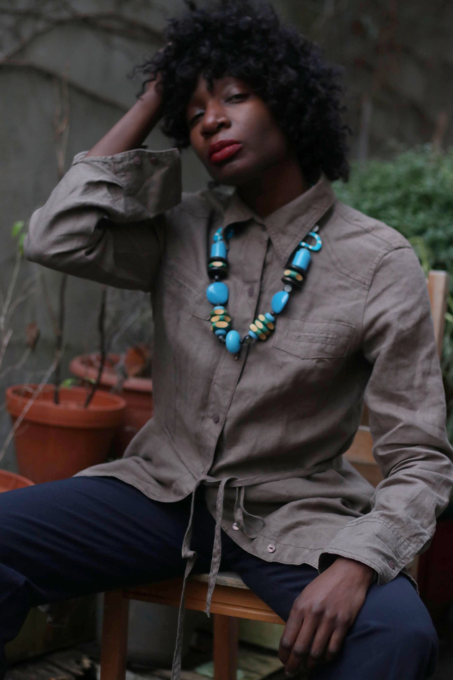 Vintage Wooden Necklace in Blue and Green| 70s handmade bohemian hippy jewelry
